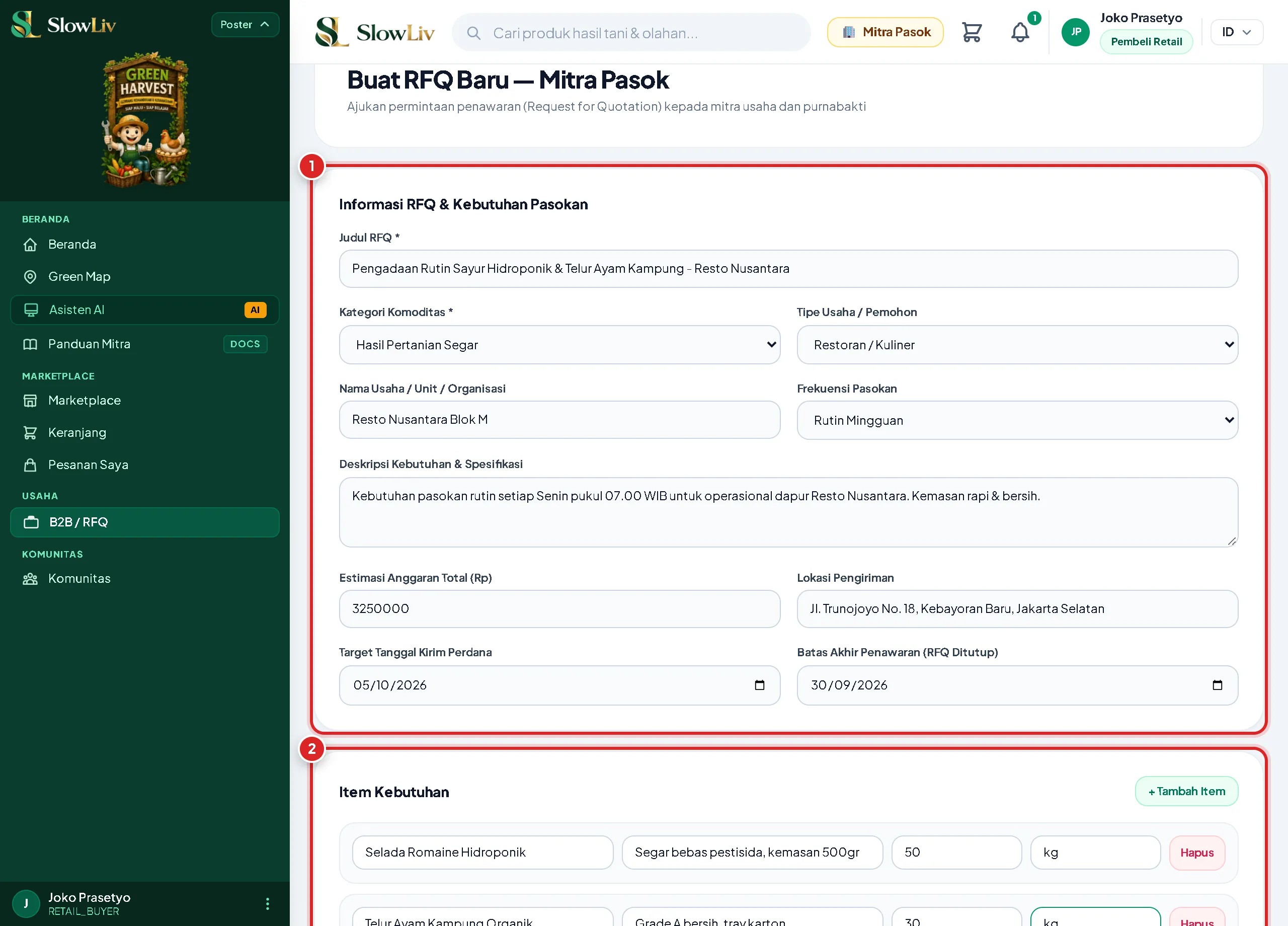 Panduan Membuat RFQ Baru di SlowLiv Mitra Pasok