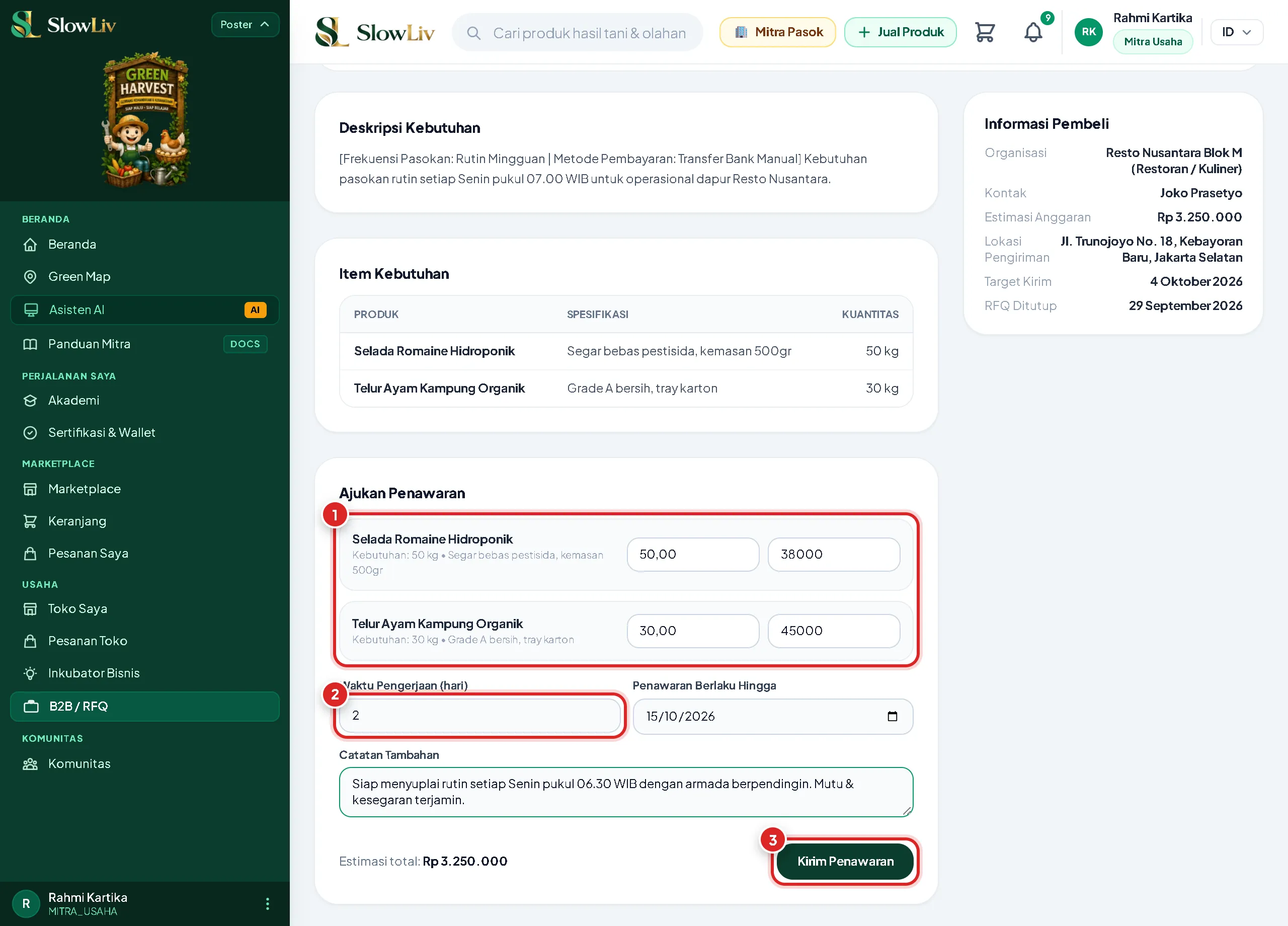 Panduan Mengirim Quotation B2B bagi Mitra SlowLiv
